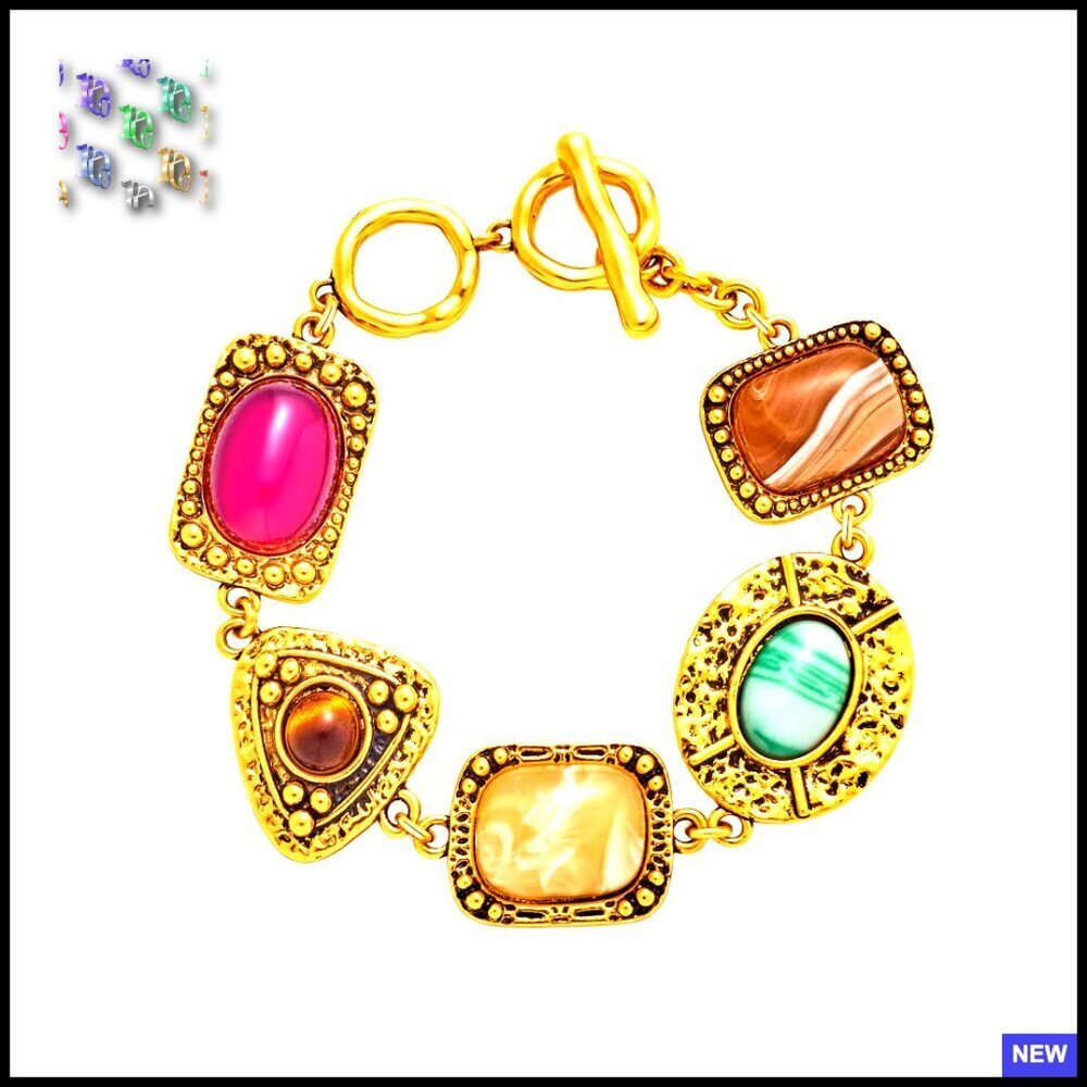 Chunky Statement Bracelet Vintage Gold Geometric Resin Stone Adjustable Chain